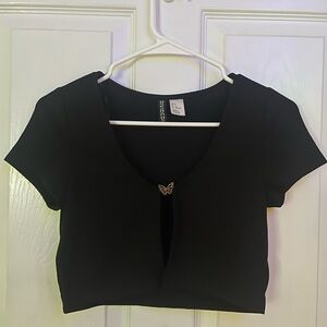 Black Split Crop Top with Butterfly Charm